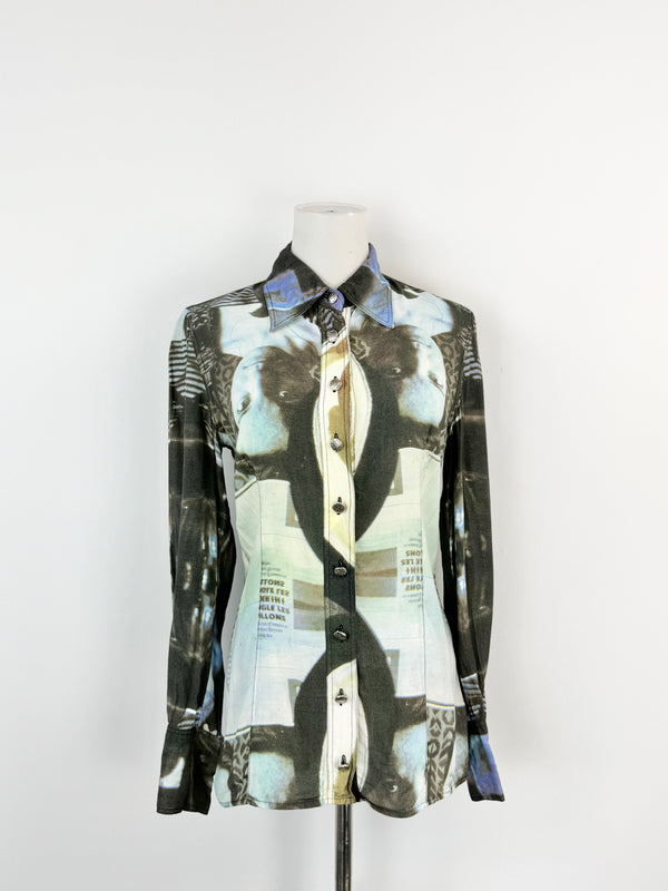 Jeans by Christian Lacroix Blue Fitted Photograph Shirt - AU6/8