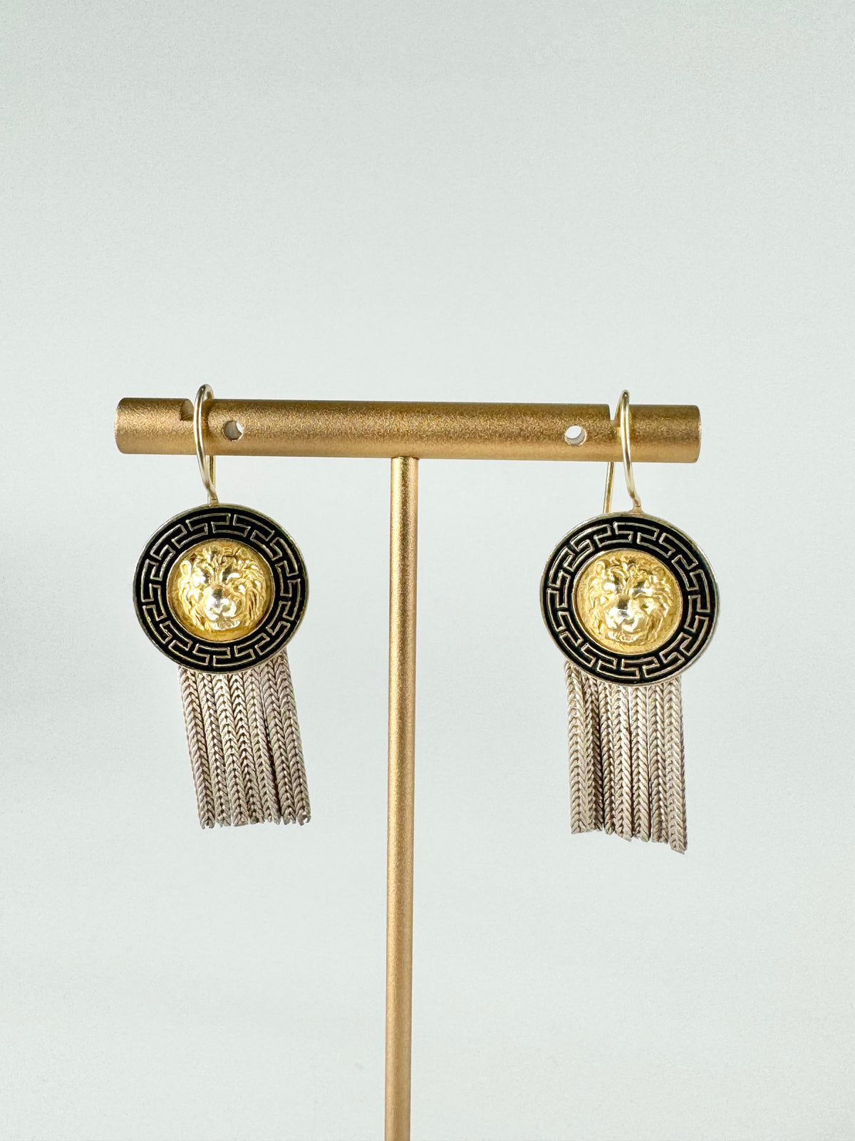 Silver Lion Medallion Drop Earrings