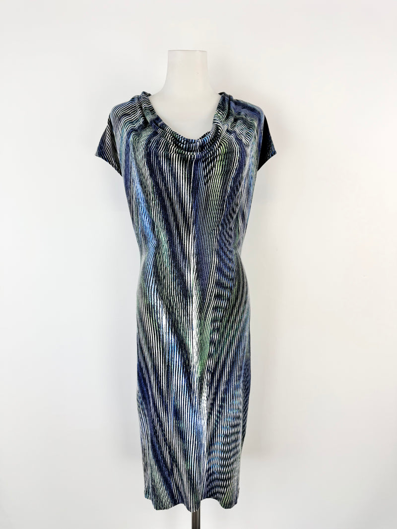 Halston Heritage Blue Striped Cowl Neck Midi Dress- AU8