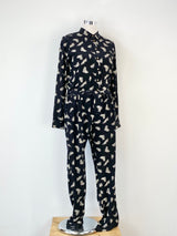 Sézane  Black & White Leaf Pattern Silk Jumpsuit - AU12