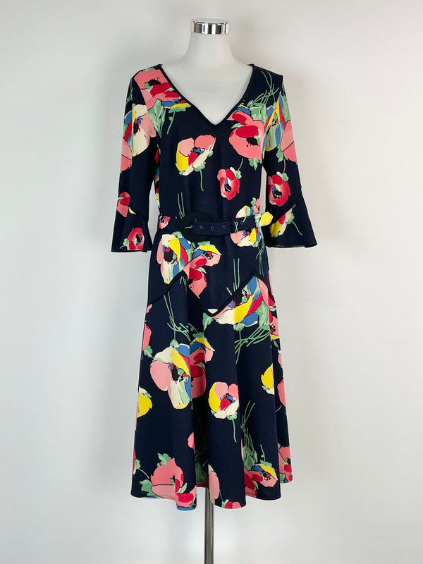 Leona Edmiston Navy Blue Floral Patterned Midi Dress  - AU10