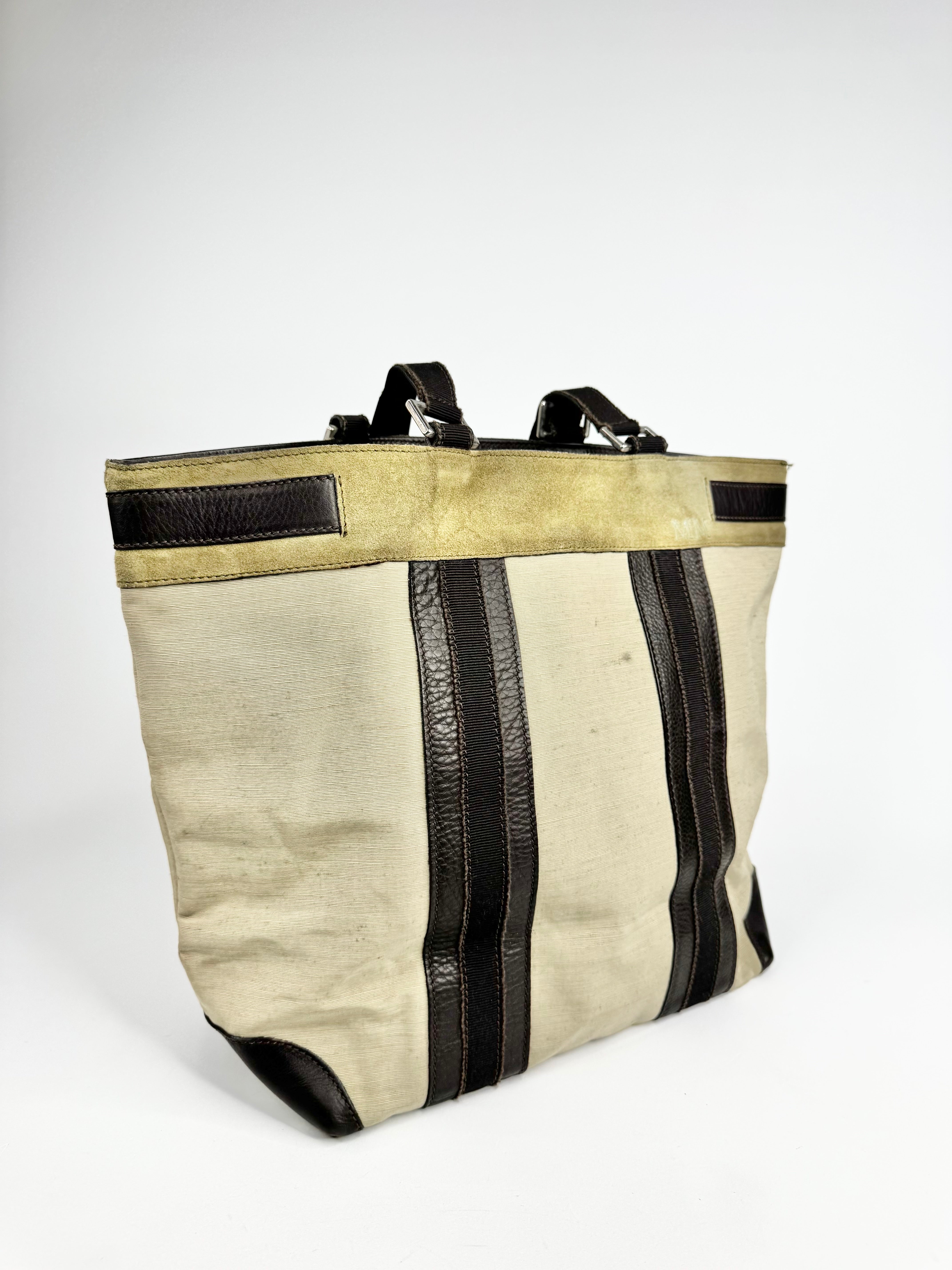 Vintage Max Mara Khaki Leather & Fabric Tote