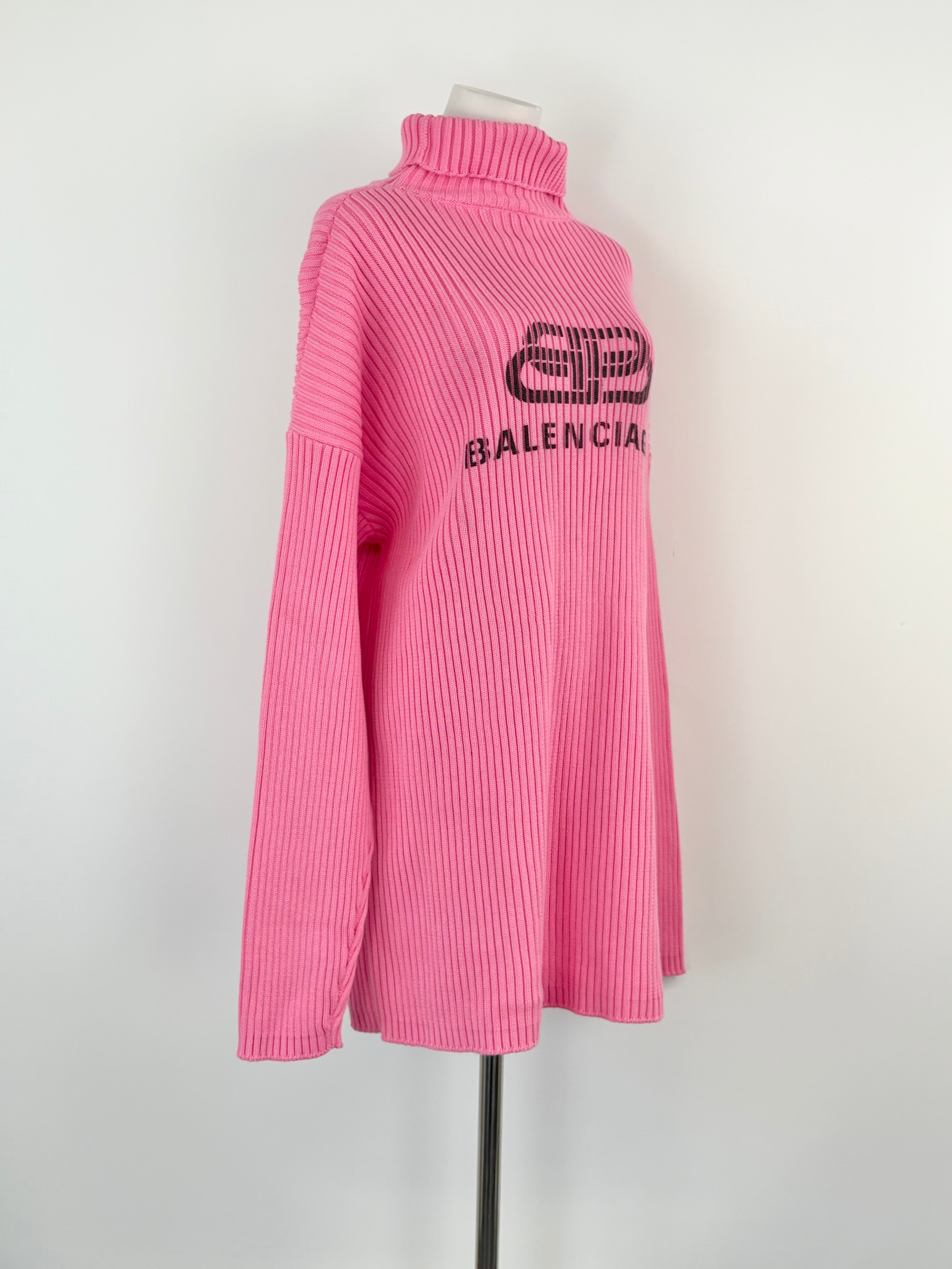Balenciaga Pink Ribbed-Knit Logo Print Oversized Sweater - AU6/8