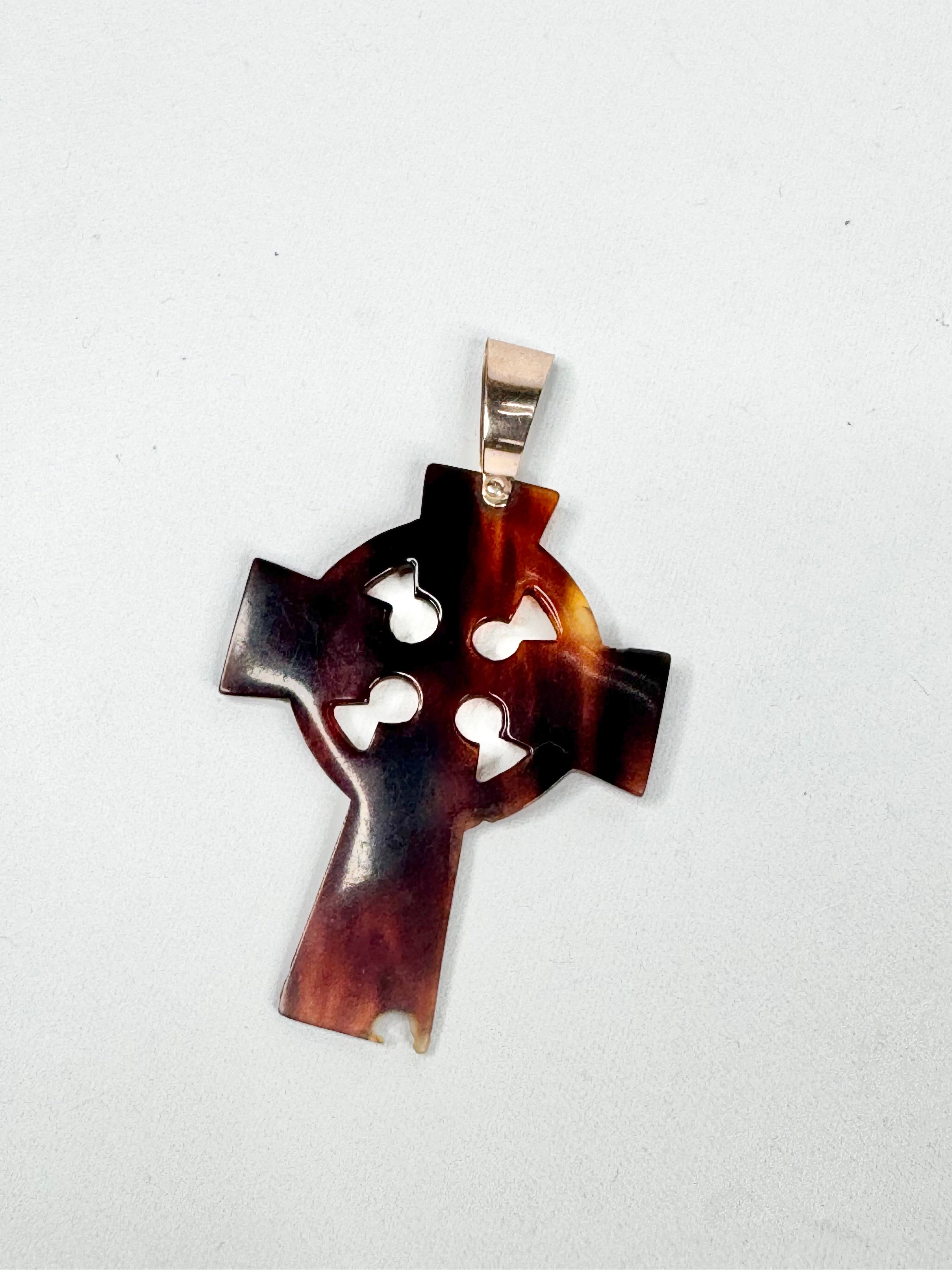 Vintage 9ct Gold Clasp Plastic Tortoiseshell Cross Pendant