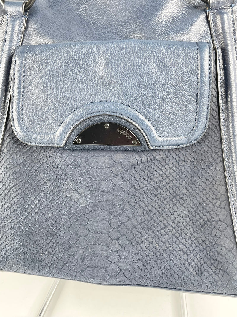 Mimco Navy Blue Leather & Croc-Textured Suede Tote Bag