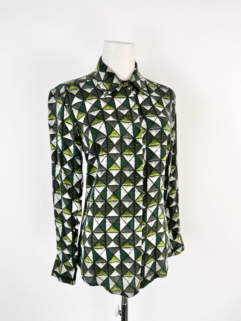 Samantha Sung Green Grid Patterned Fitted Silk Blouse - AU8