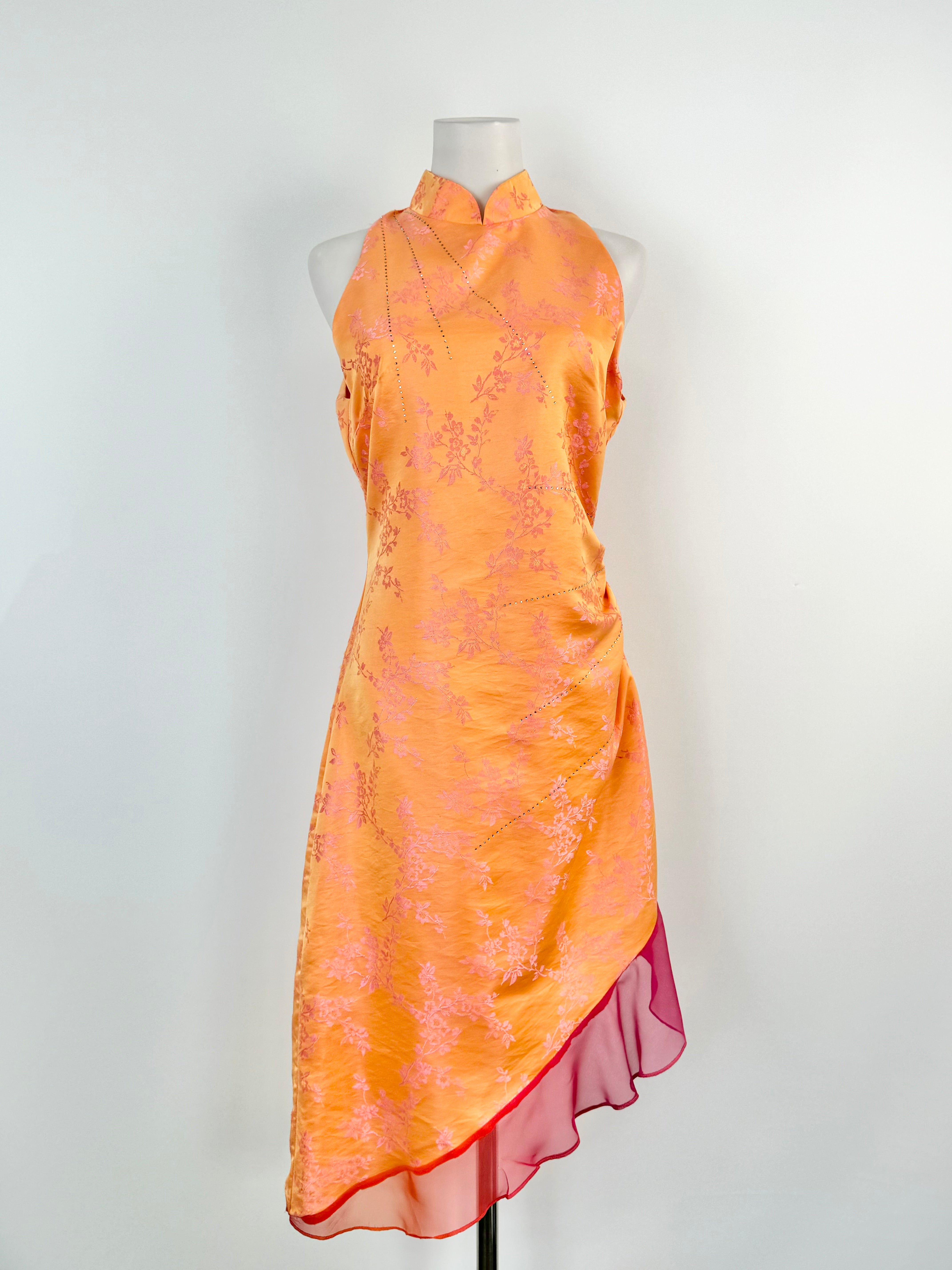 Vintage Studibaker Sunset Orange & Pink Floral Sleeveless Dress - AU6/8