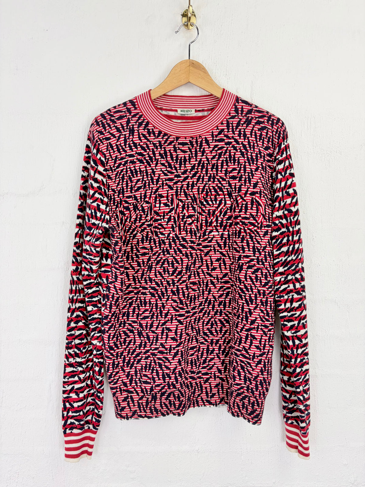 Kenzo Spring Summer 2014 Red & White Fish Patterned Striped Jumper - AU10
