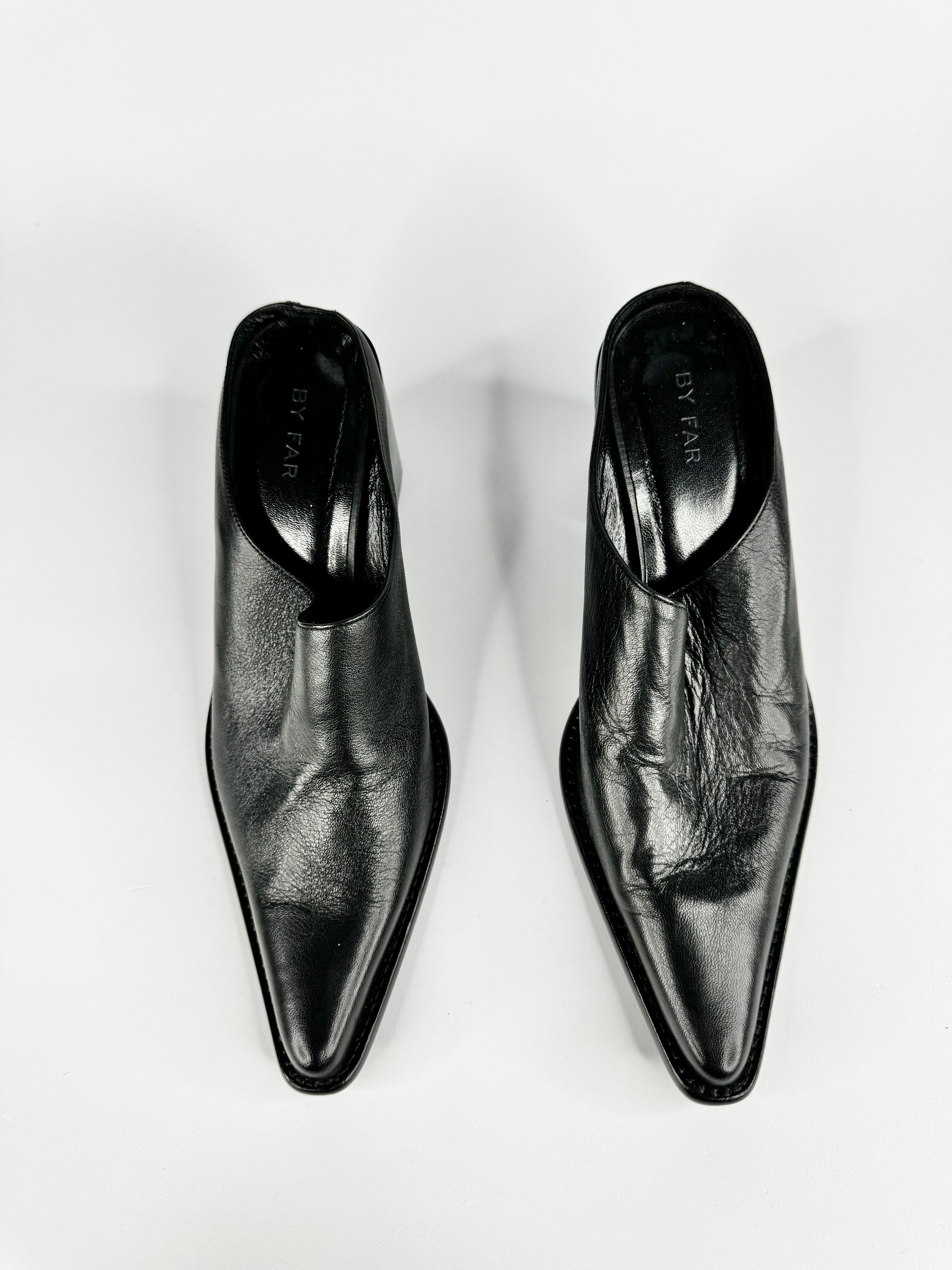 By Far Sleek Black Pointed Toe Leather Mules - EU36