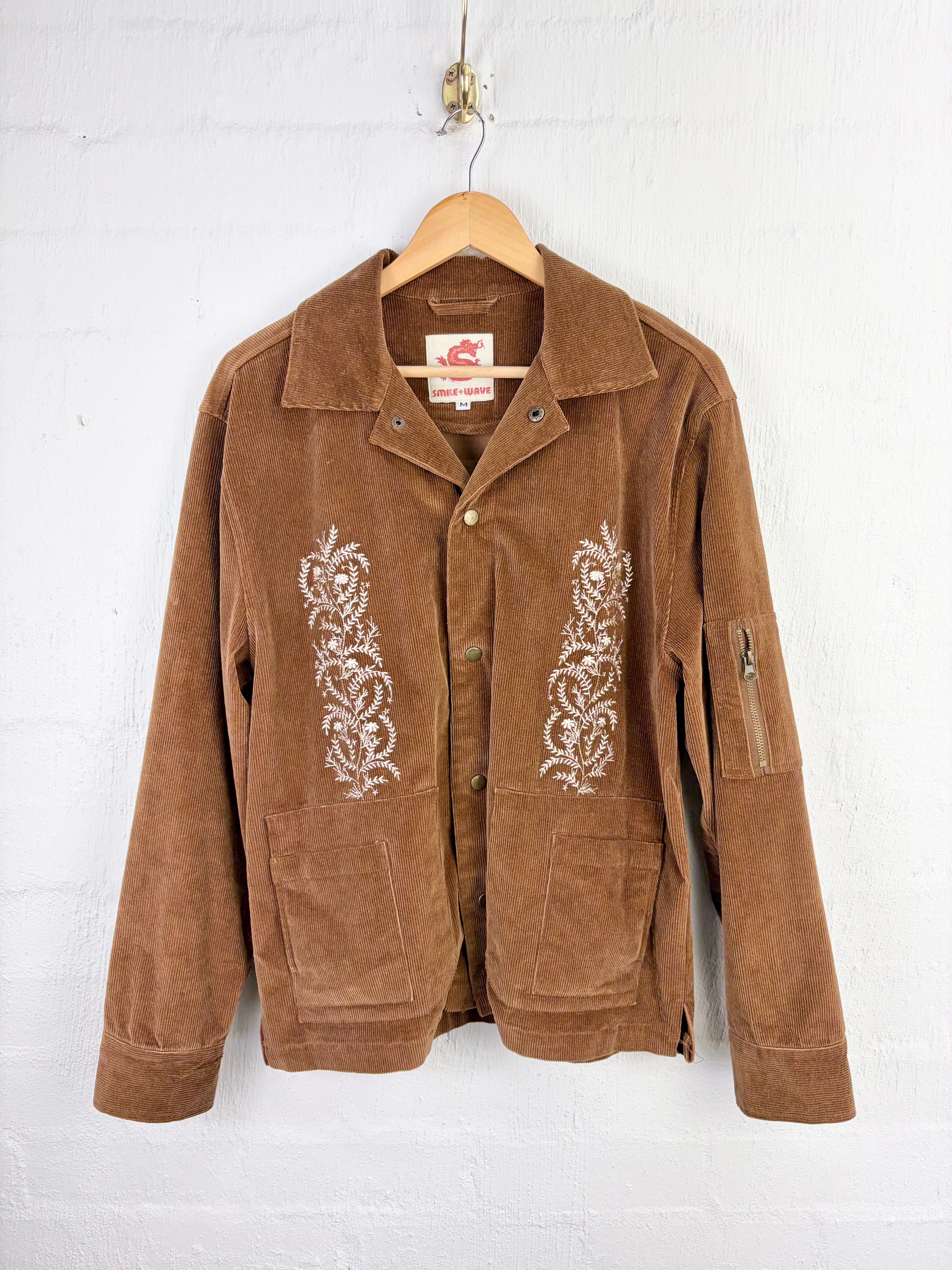 Retro Smile Wave Brown Corduroy Embroidered Jacket - M