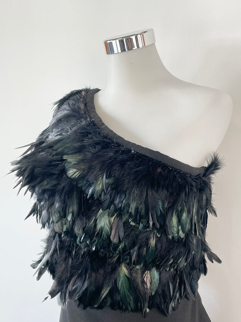 Karen Gee Black Feather Embellished Off-Shoulder Gown - AU10/12