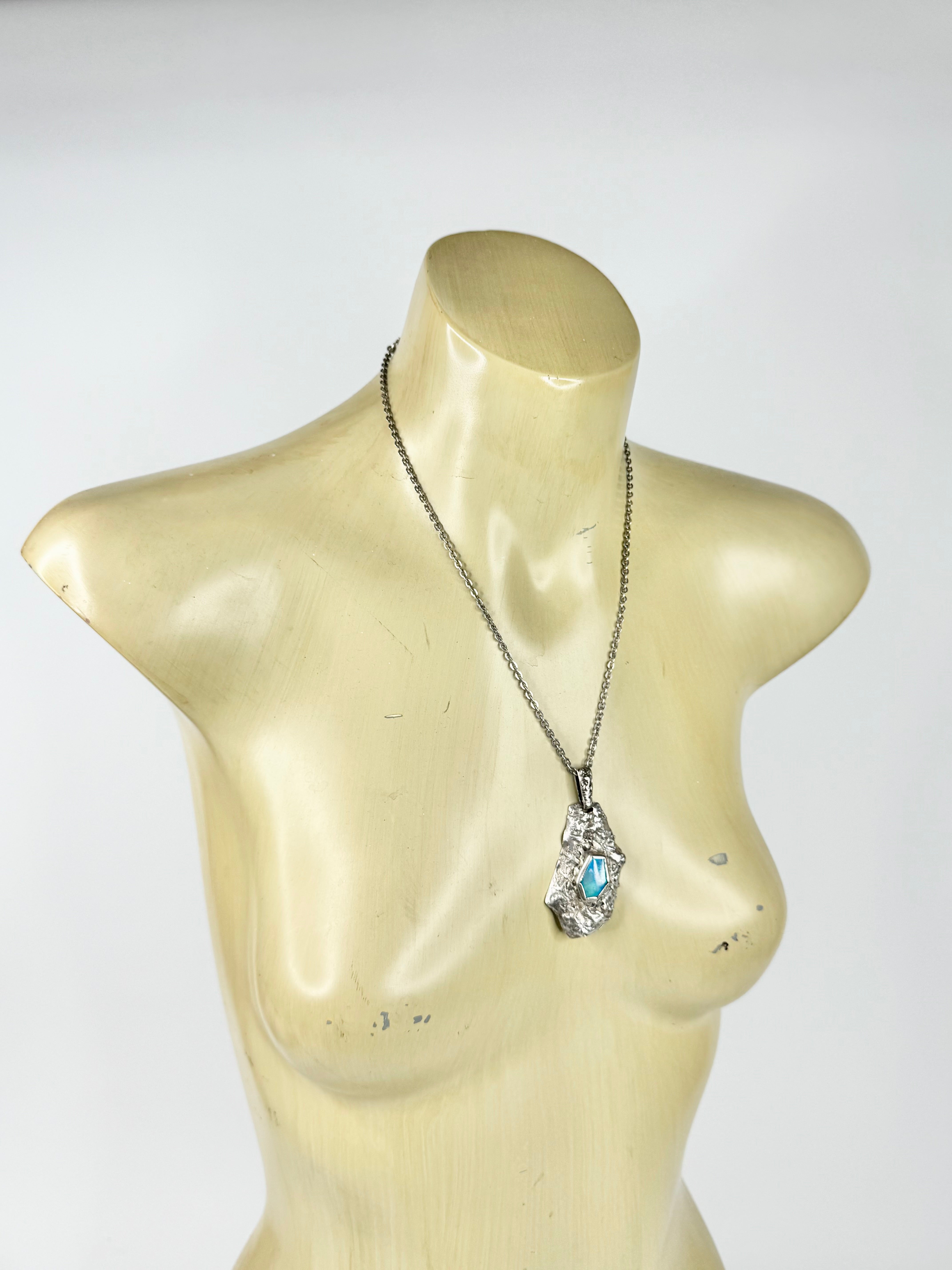Hand Crafted Opal & Silver Textured Pendant & Chain