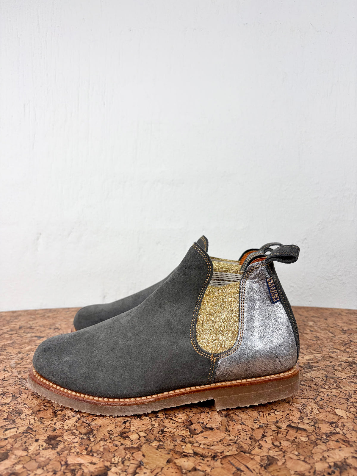 Penelope Chilvers Ash Grey, Metallic Gold & Silver Suede Ankle Boots - EU38