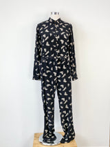 Sézane  Black & White Leaf Pattern Silk Jumpsuit - AU12