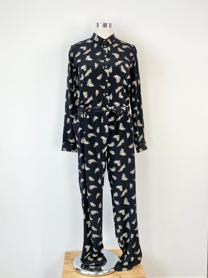 Sézane  Black & White Leaf Pattern Silk Jumpsuit - AU12