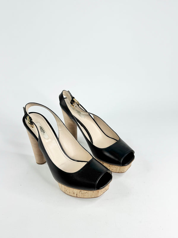 Prada Black Peep Top Platform Pumps - EU39.5