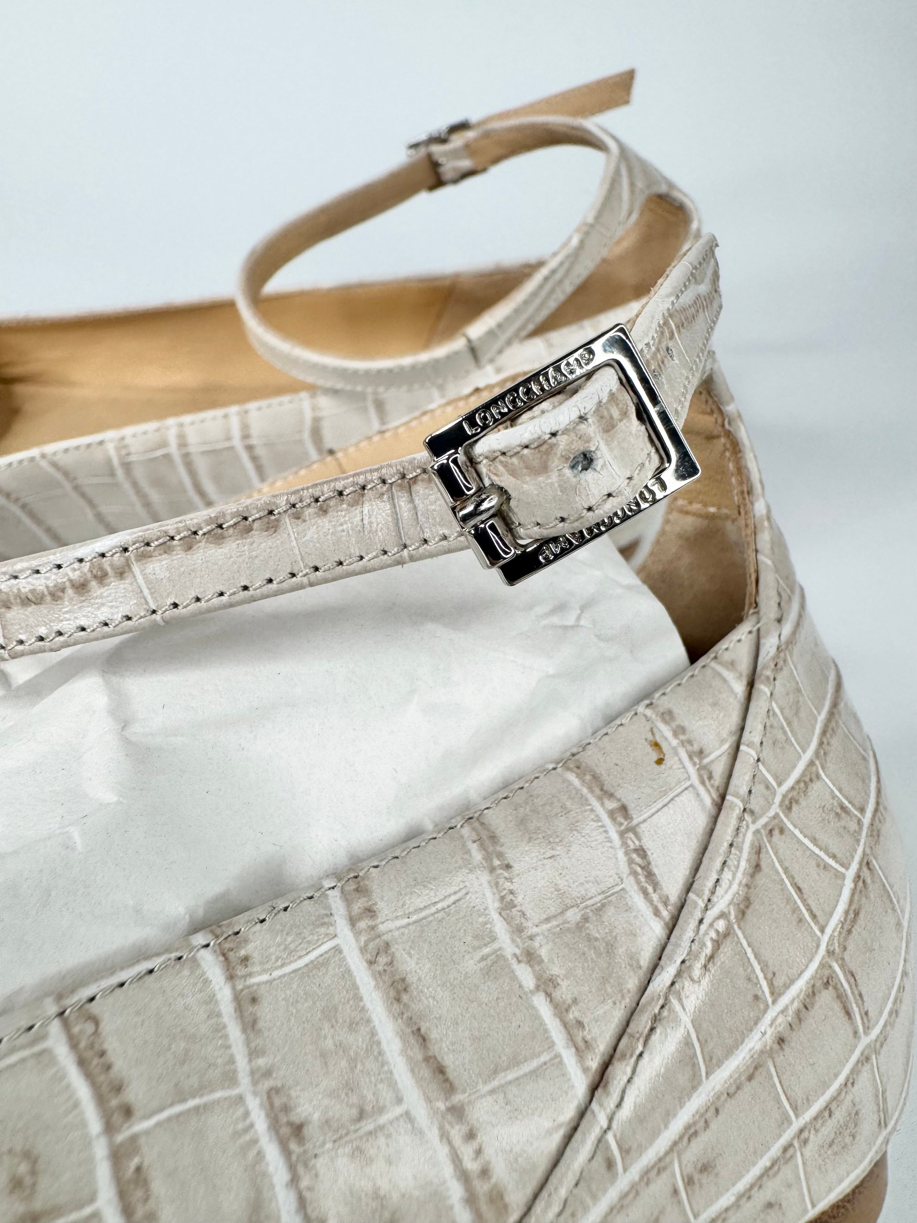 Longchamp Pale Snake Embossed Striped Pattern Pointed Toe Ballet Flats - EU41