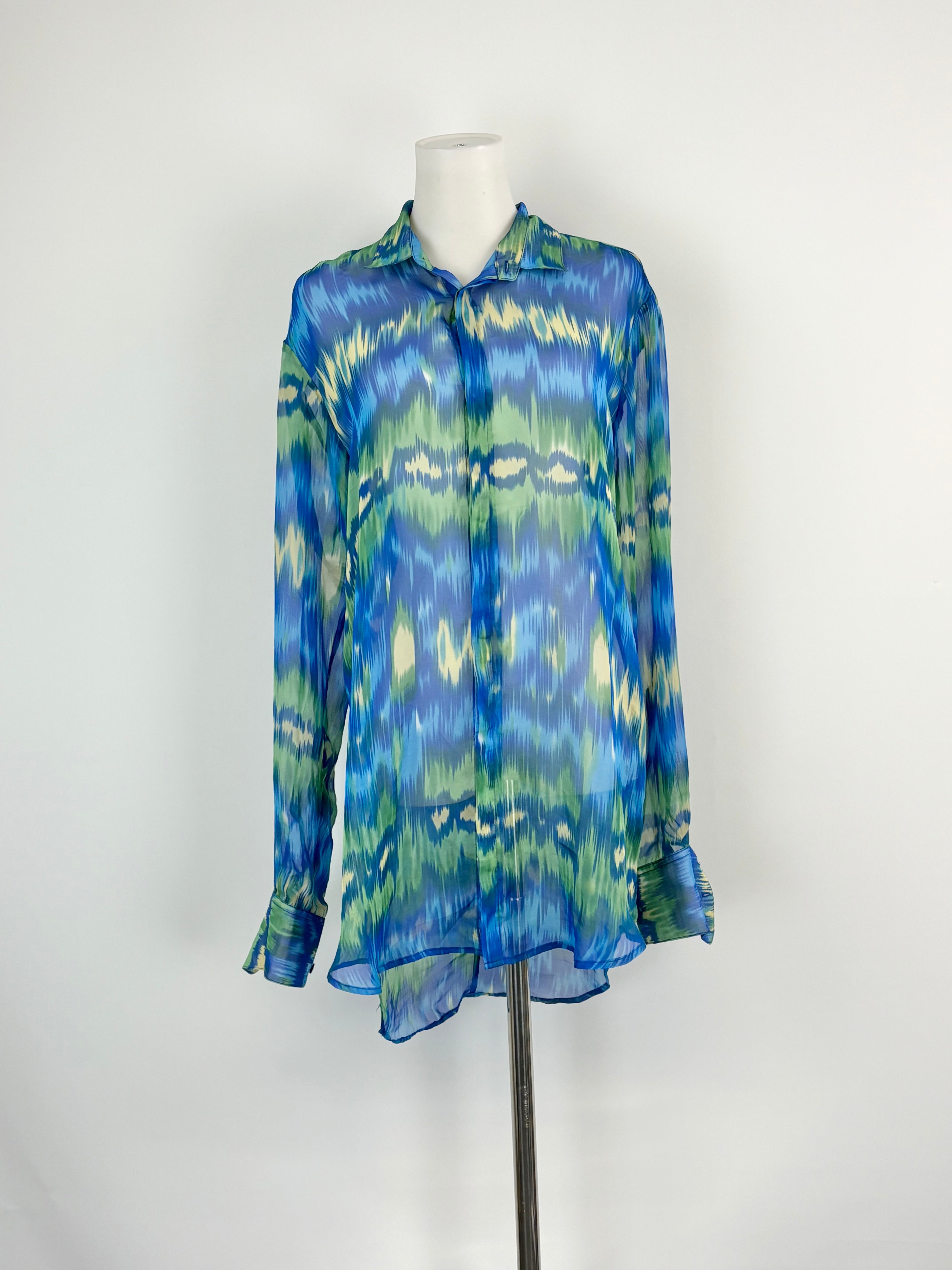 Ermanno Clothing Blue & Green Sheer Silk Shirt - AU8/10