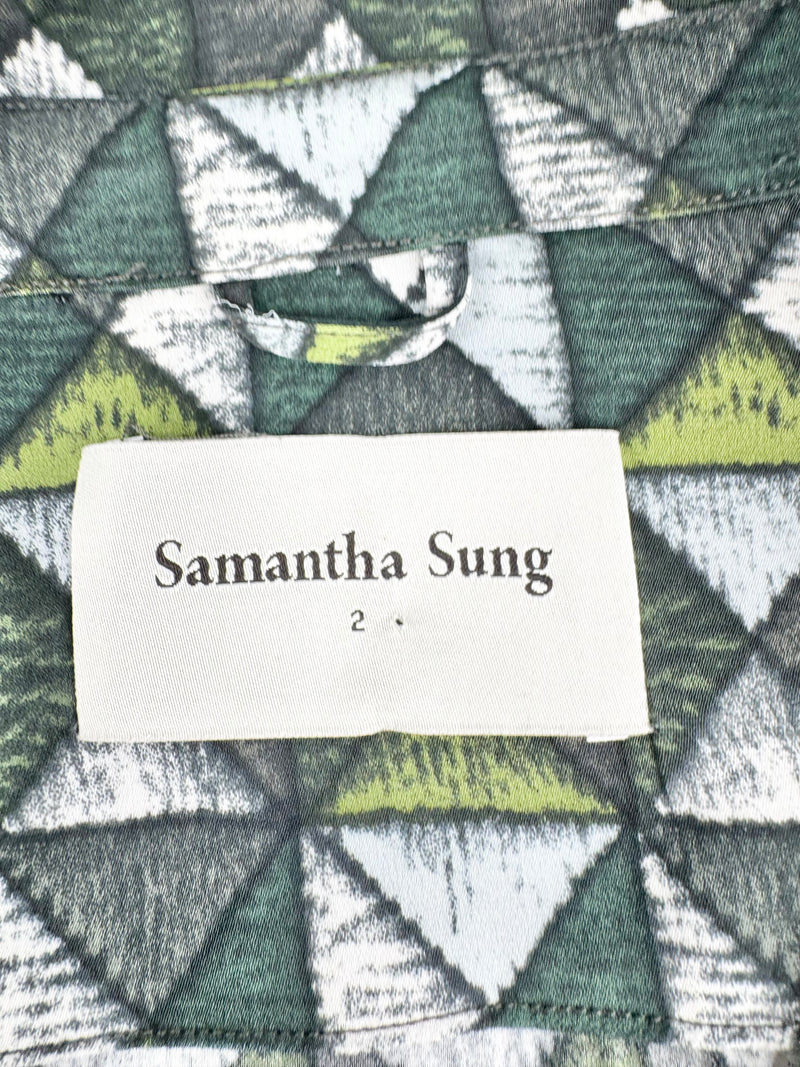 Samantha Sung Green Grid Patterned Fitted Silk Blouse - AU8