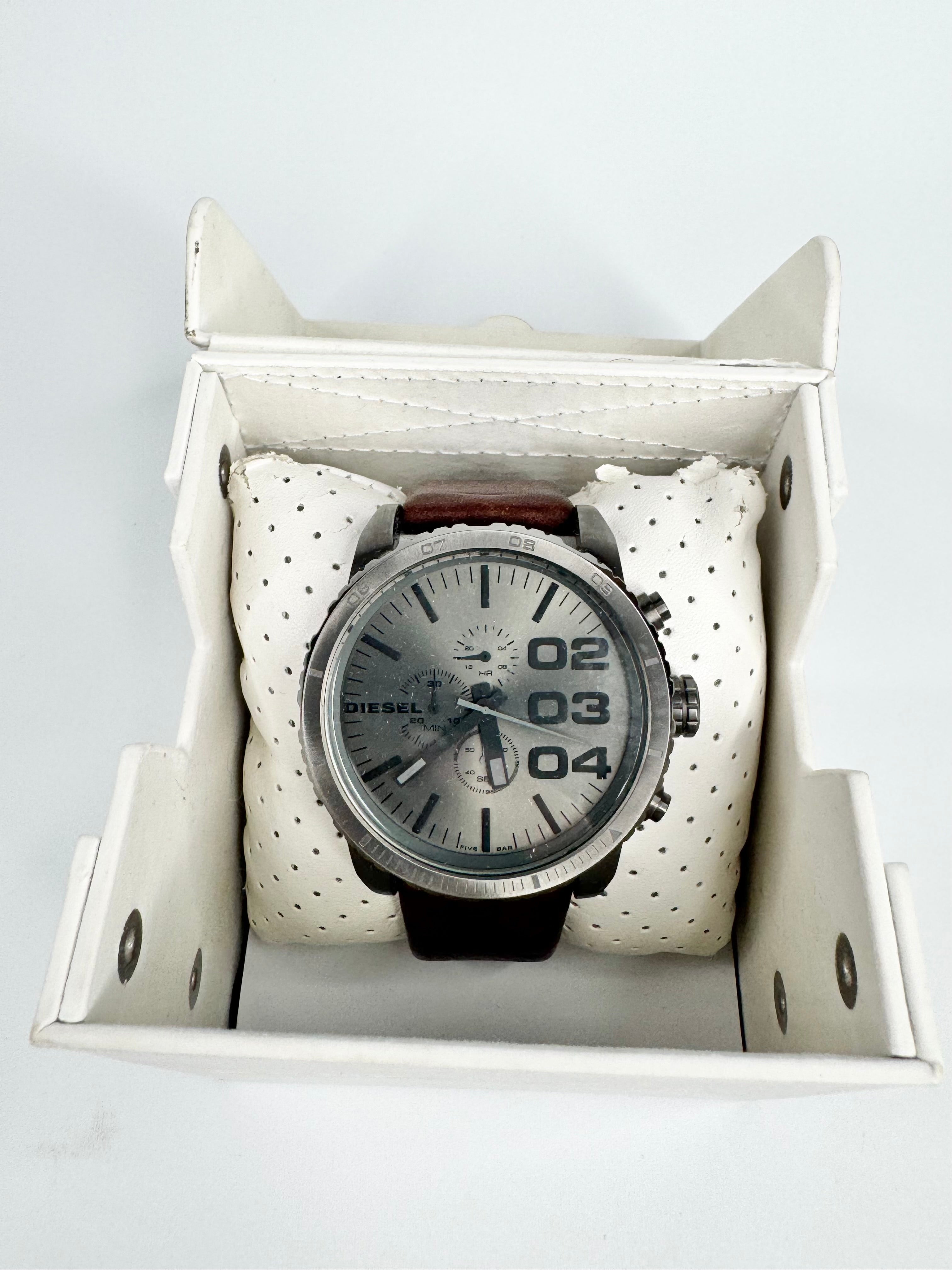 Diesel Grey Faced Stainless Steel Watch with Brown Leather Wristband