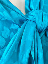 Yves Saint Laurent Rive Gauche Teal Rose Patterned Pussy Bow Blouse - AU10/12
