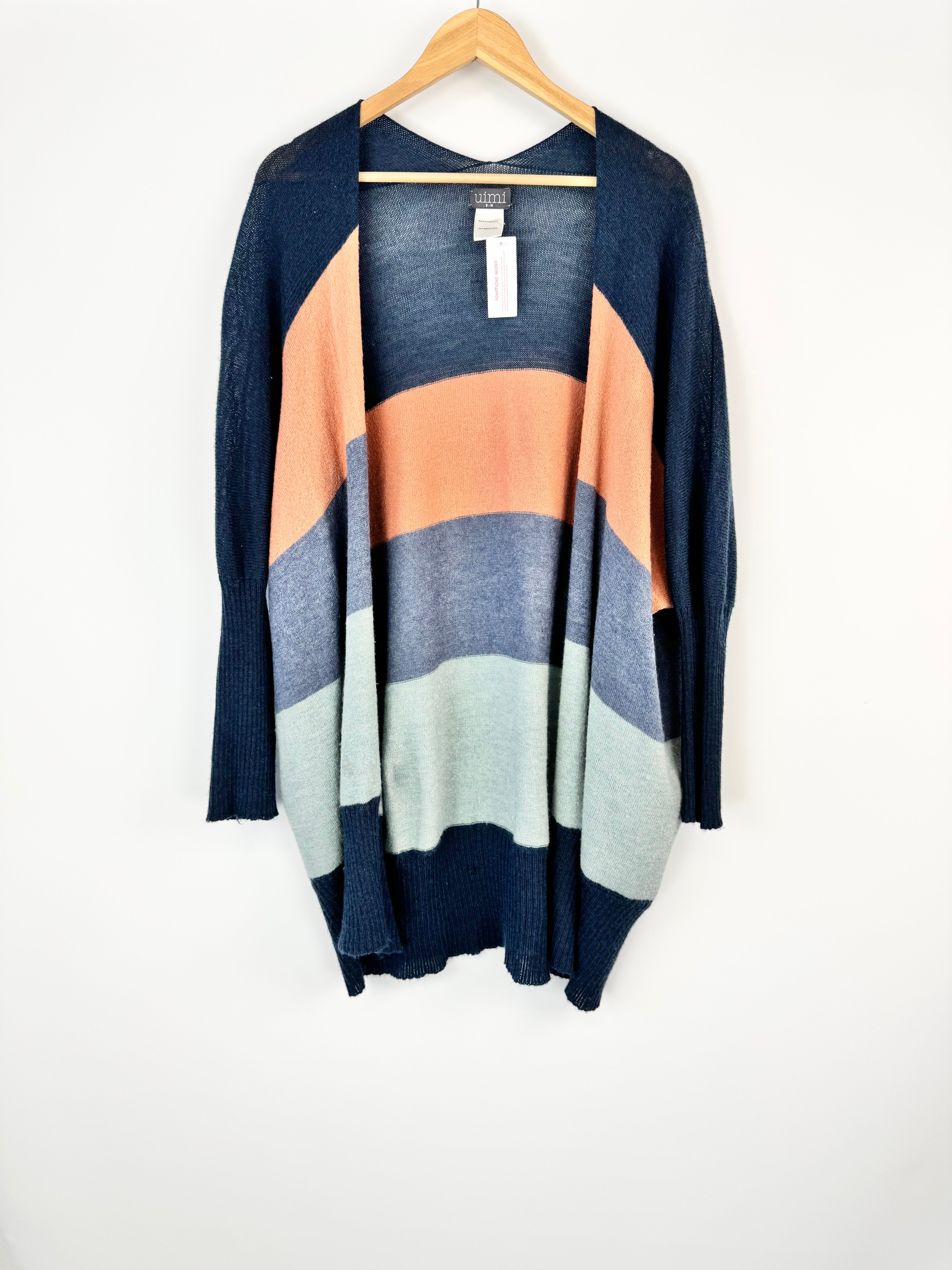 UIMI Blue Grey & Peach Striped Open Merino Wool Cardigan - AU8/10