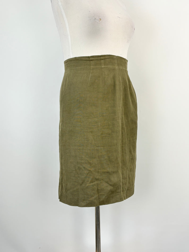 Vintage 80s Synonyme Georges Rech Olive Green Linen Midi Skirt - AU10/12