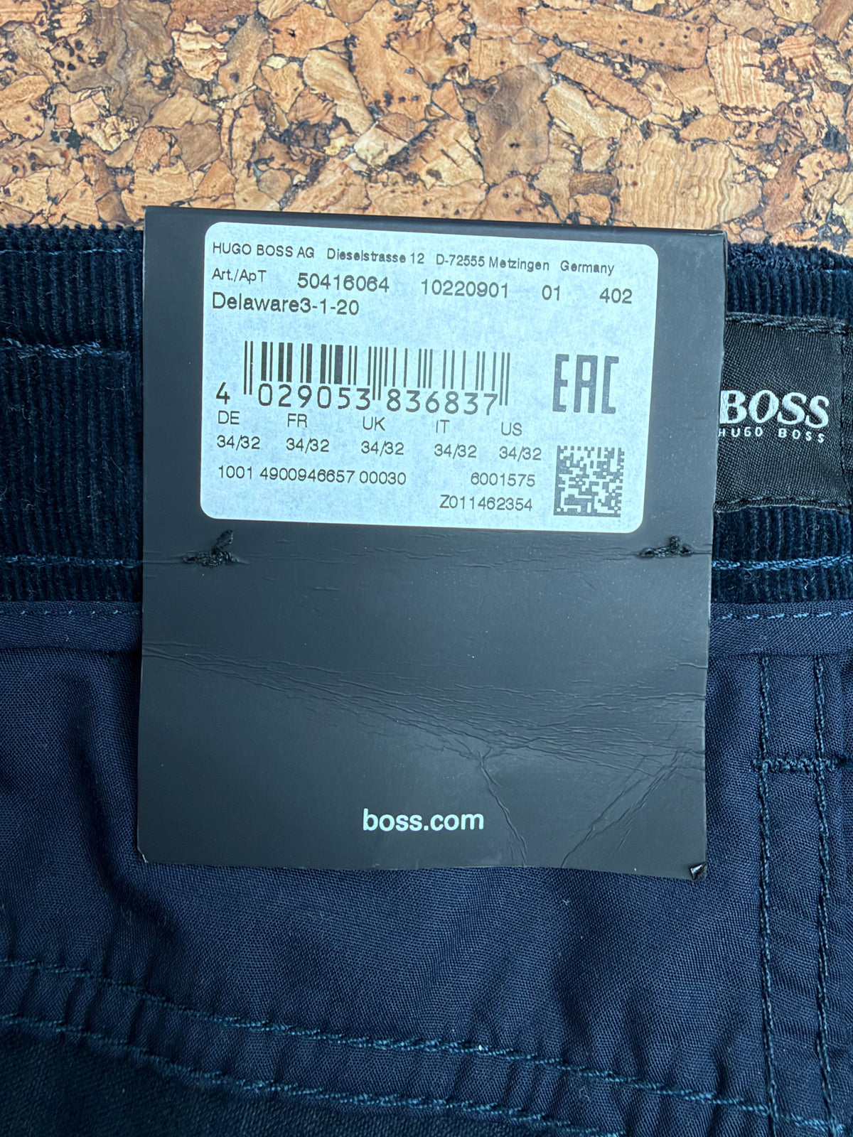Boss Hugo Boss Navy Corduroy Slim Fit 'Delaware' Slacks - 34/32
