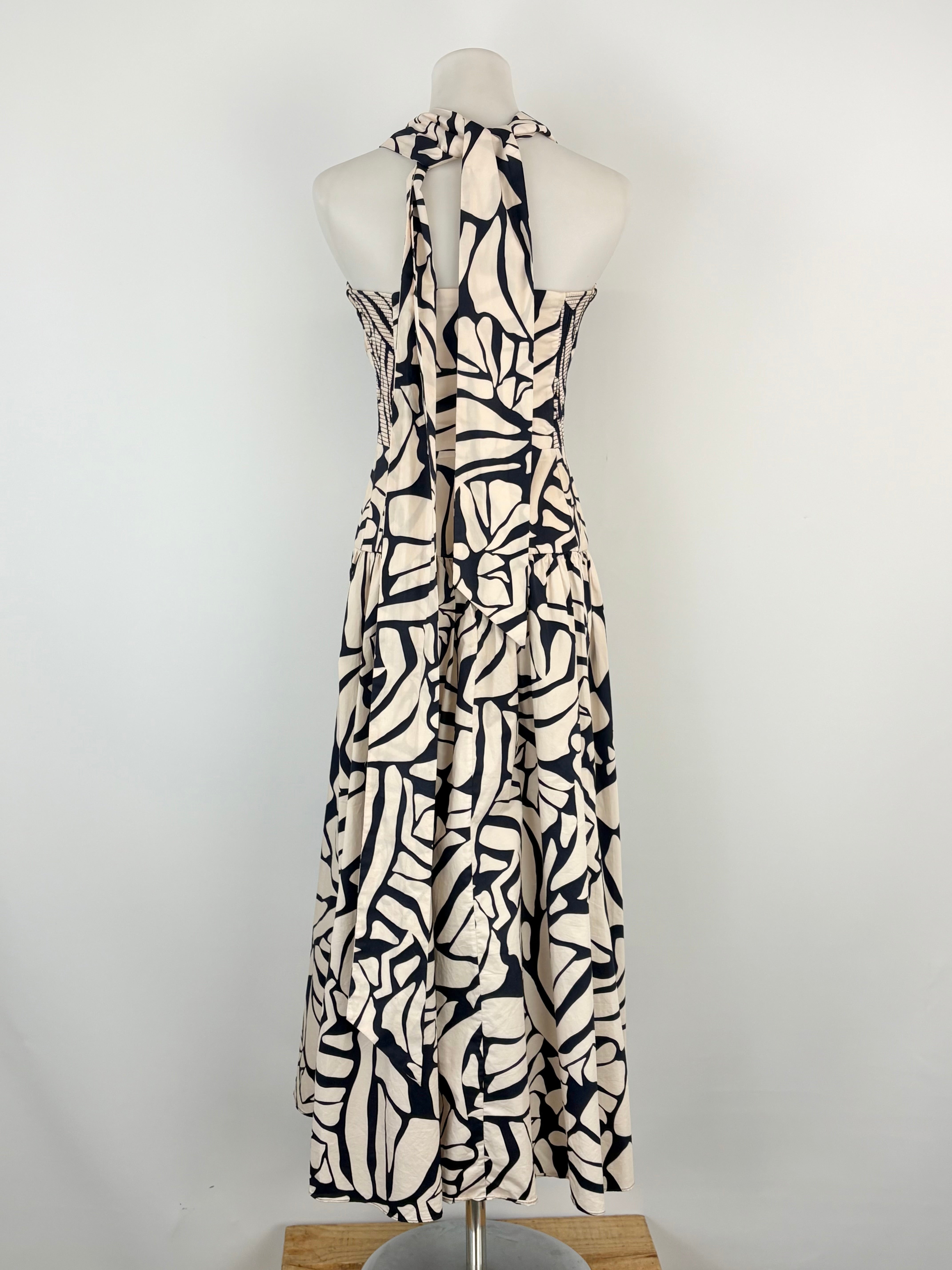 Husk Black & Beige Abstract Print Crisp-Cotton Strapless Dress - AU8