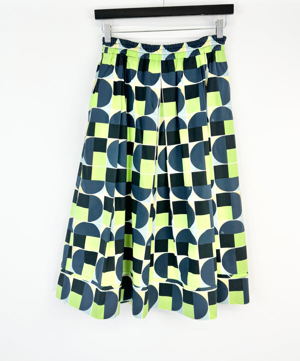 Fay Pine Lime Geometric Pattern Pleated Circle Skirt - AU8/10