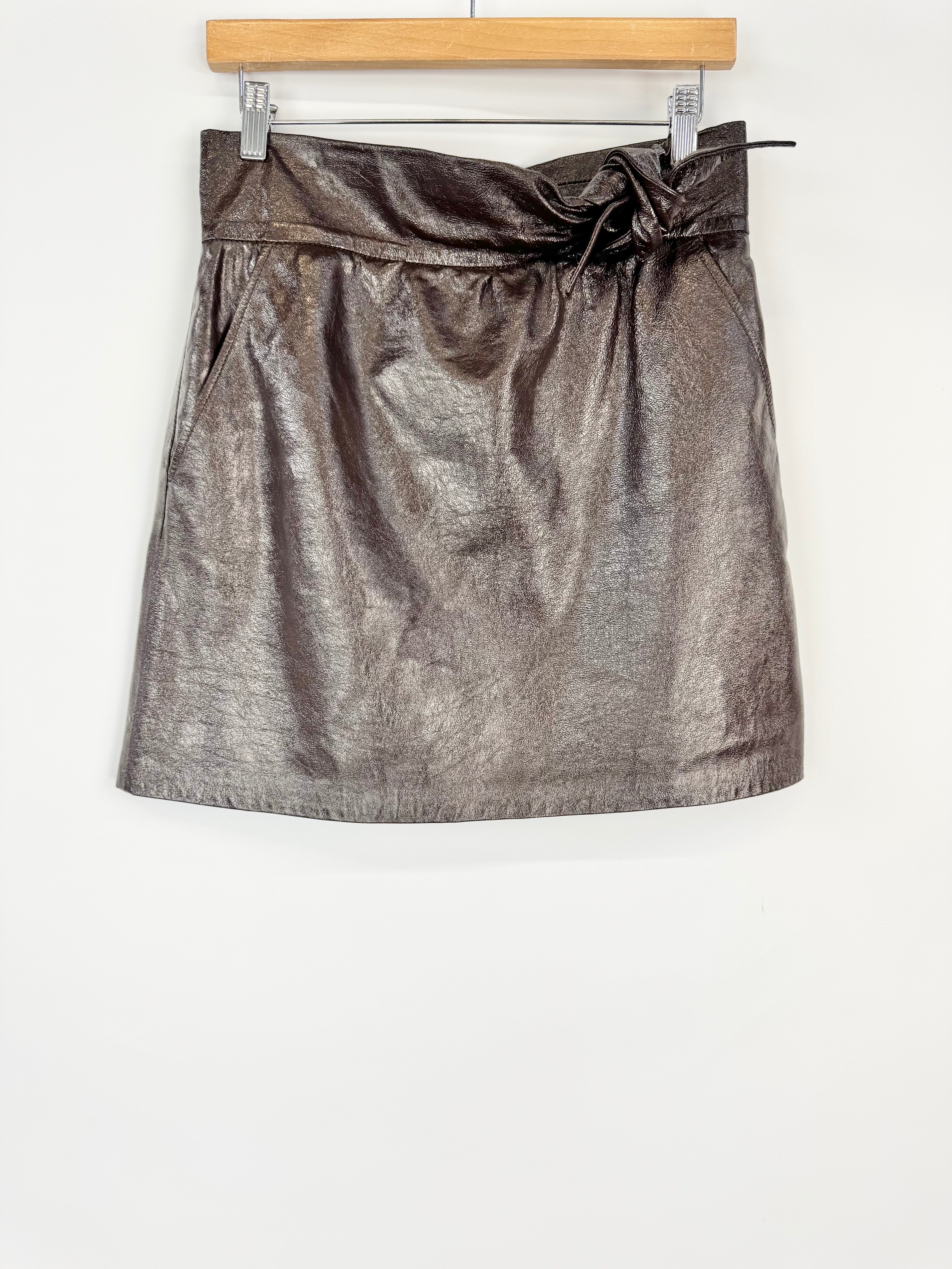Metallic skirt on a hanger against a white background