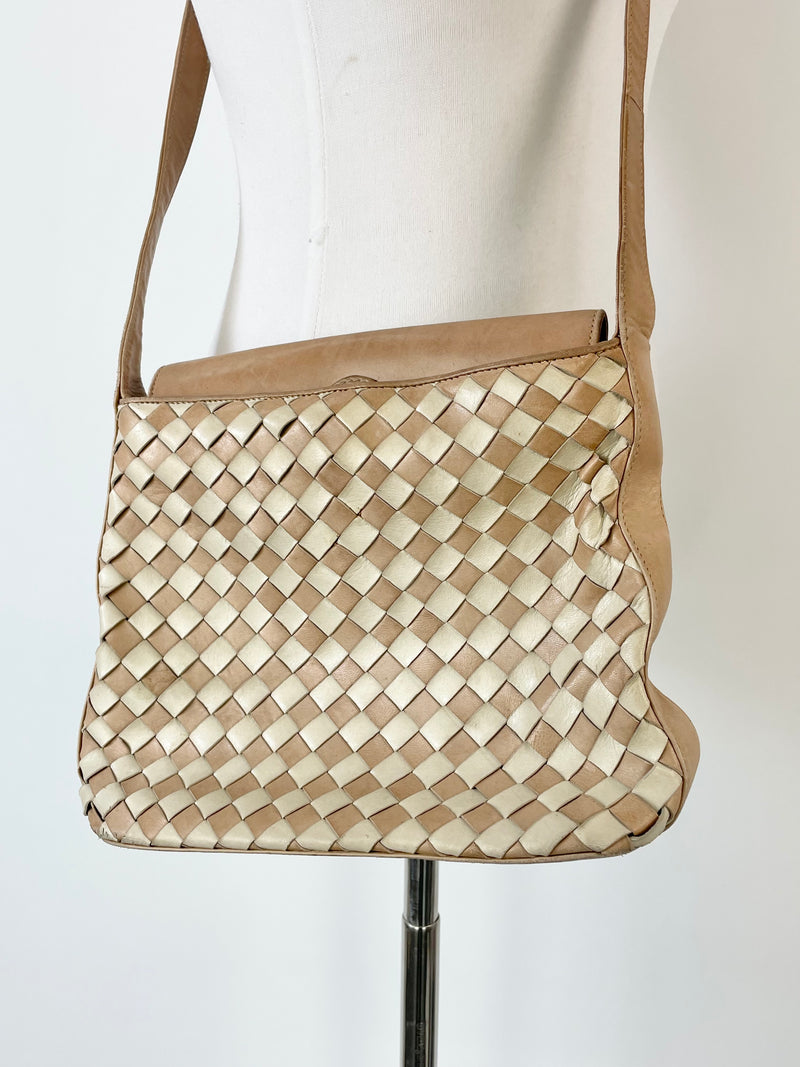 Bruno Magli Taupe Cross Weave Leather Messenger Bag