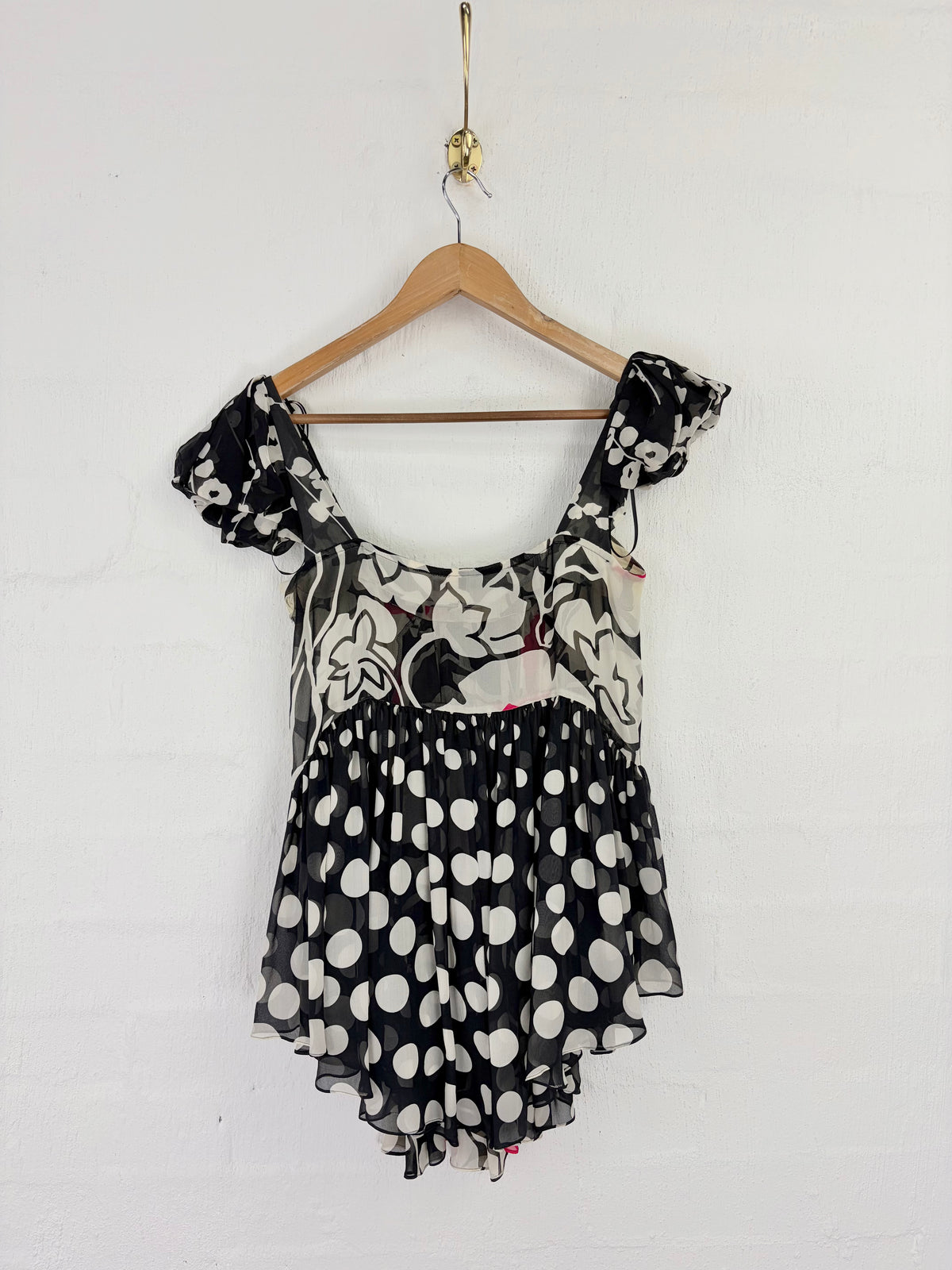 Y2K Kenzo Black, White & Pink Sheer Silk Asymmetrical Blouse - AU8