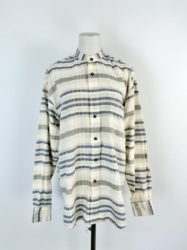 Vintage Christian Dior Monsieur Blue, Cream & Grey Striped Shirt - M/L