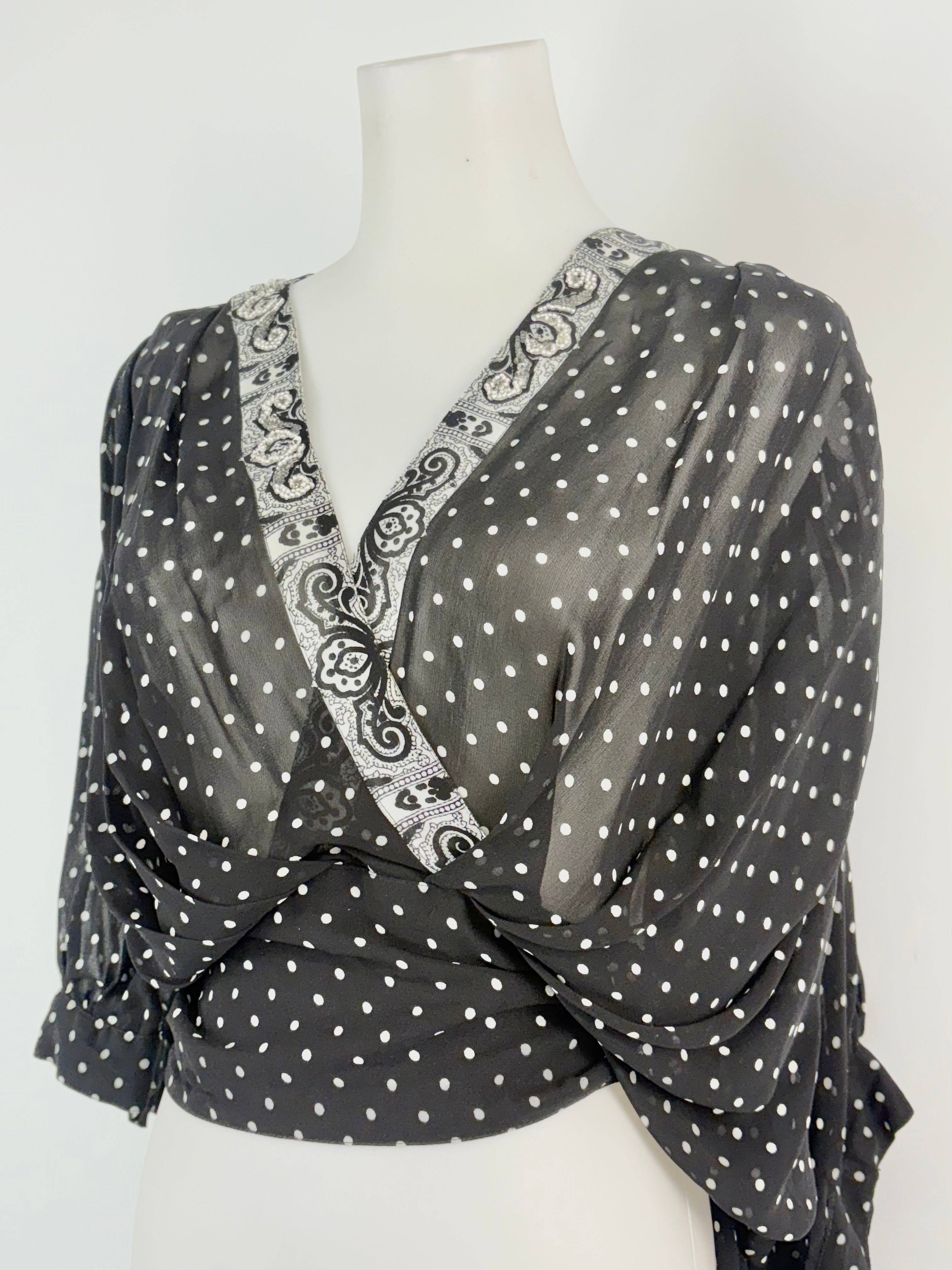 Maria Grazia Severi Black & White Dotted Sheer Wrap Blouse - AU10