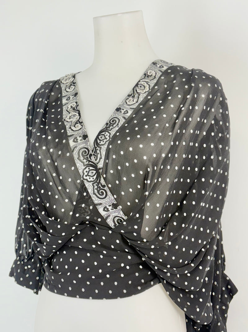Maria Grazia Severi Black & White Dotted Sheer Wrap Blouse - AU10