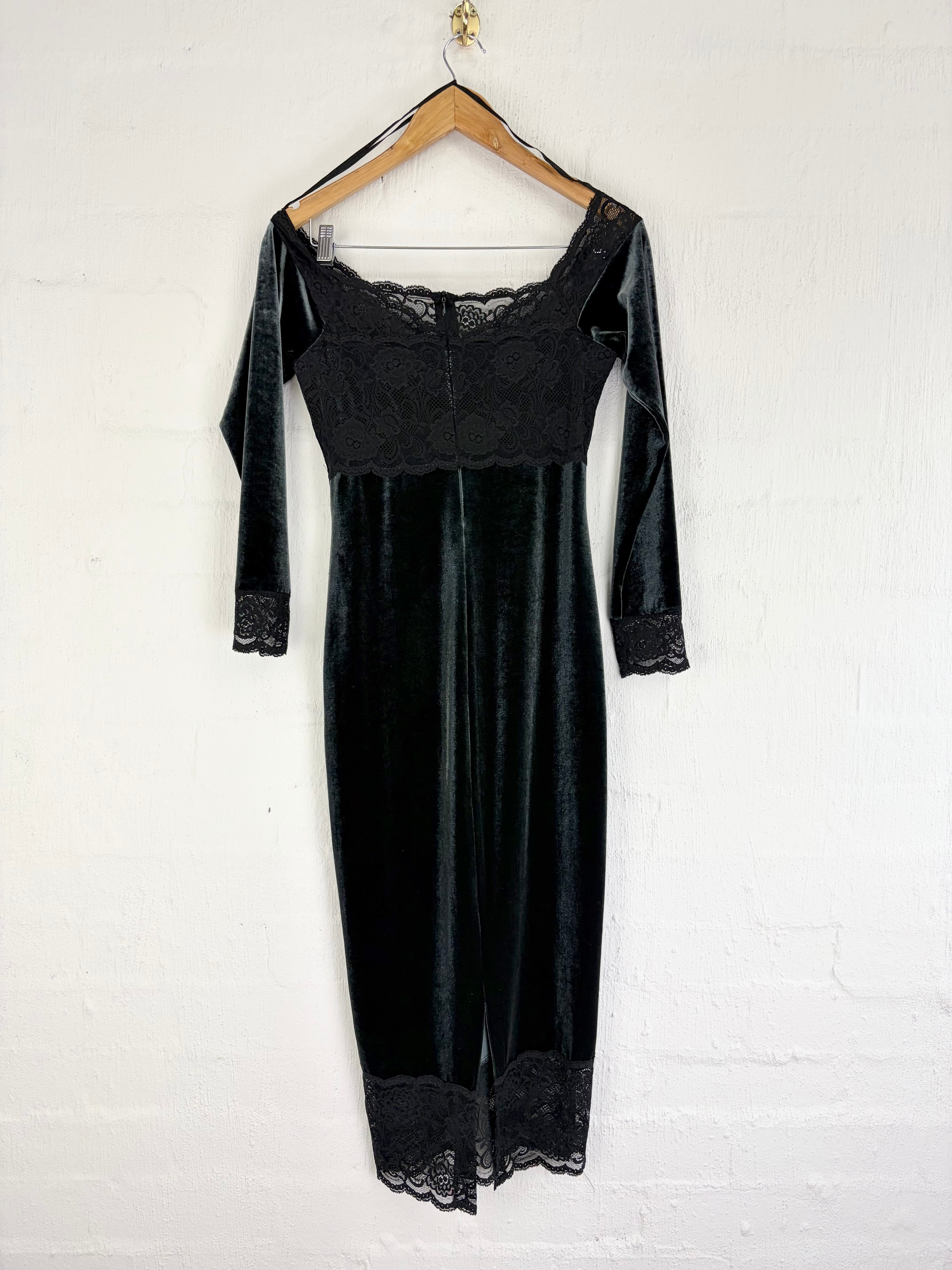Gerry Shaw Pine Green & Black Lace & Velvet Maxi Dress - AU10