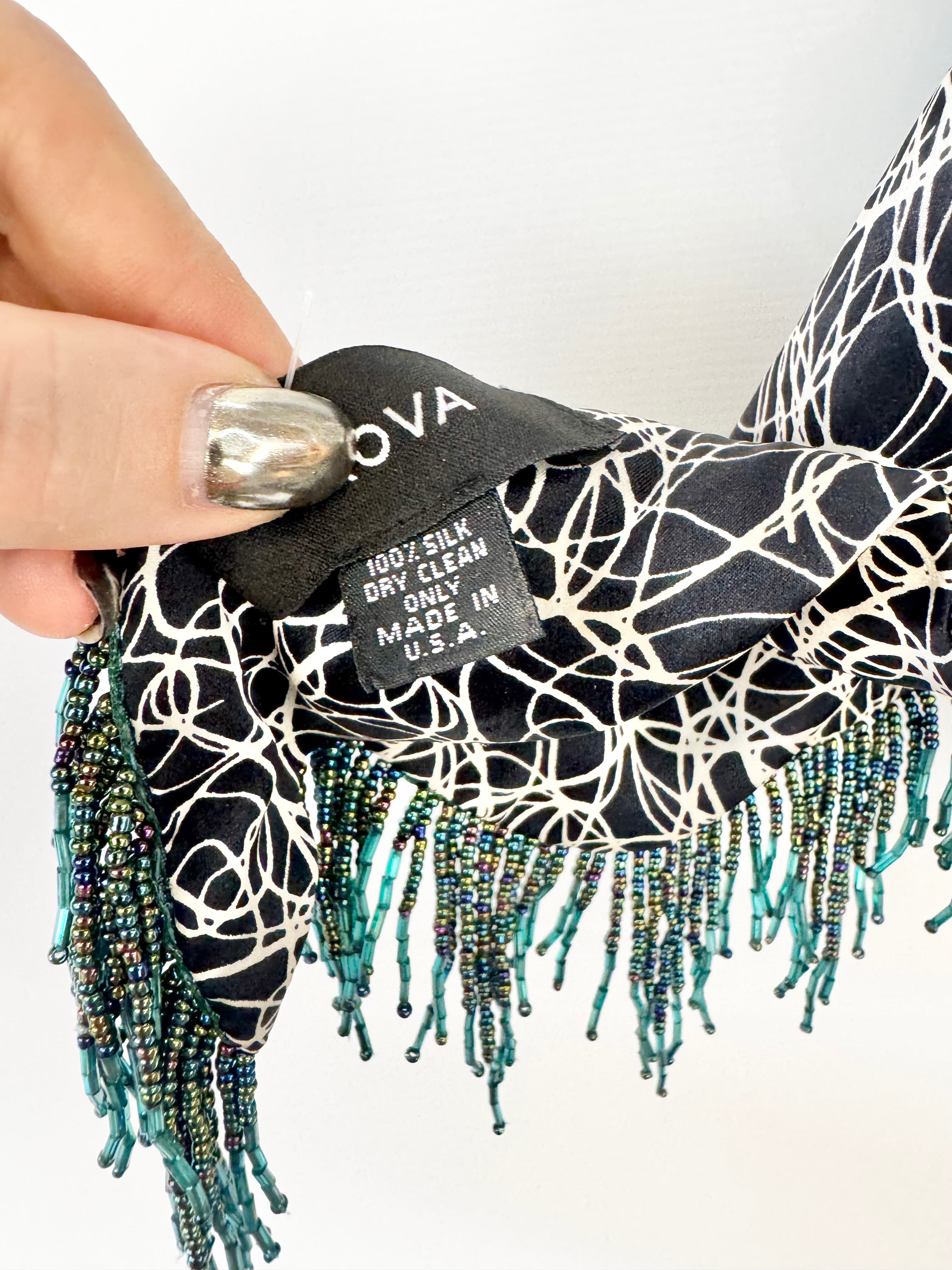 Prova Black & Cream Scribble Pattern Beaded & Fringed Triangle Scarf