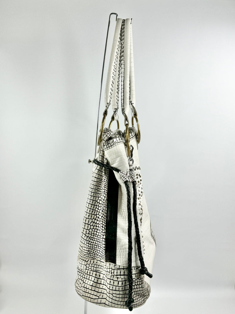 Sabbatha White Croc Embossed Studded Shoulder Bag