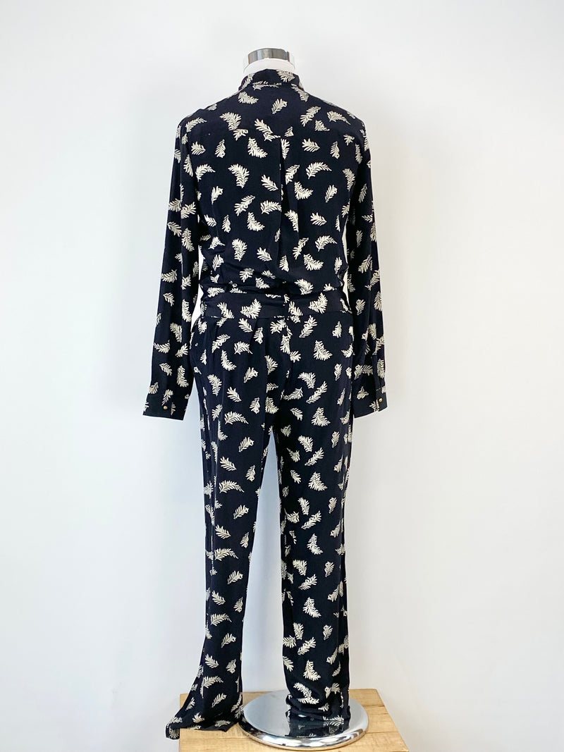 Sézane  Black & White Leaf Pattern Silk Jumpsuit - AU12