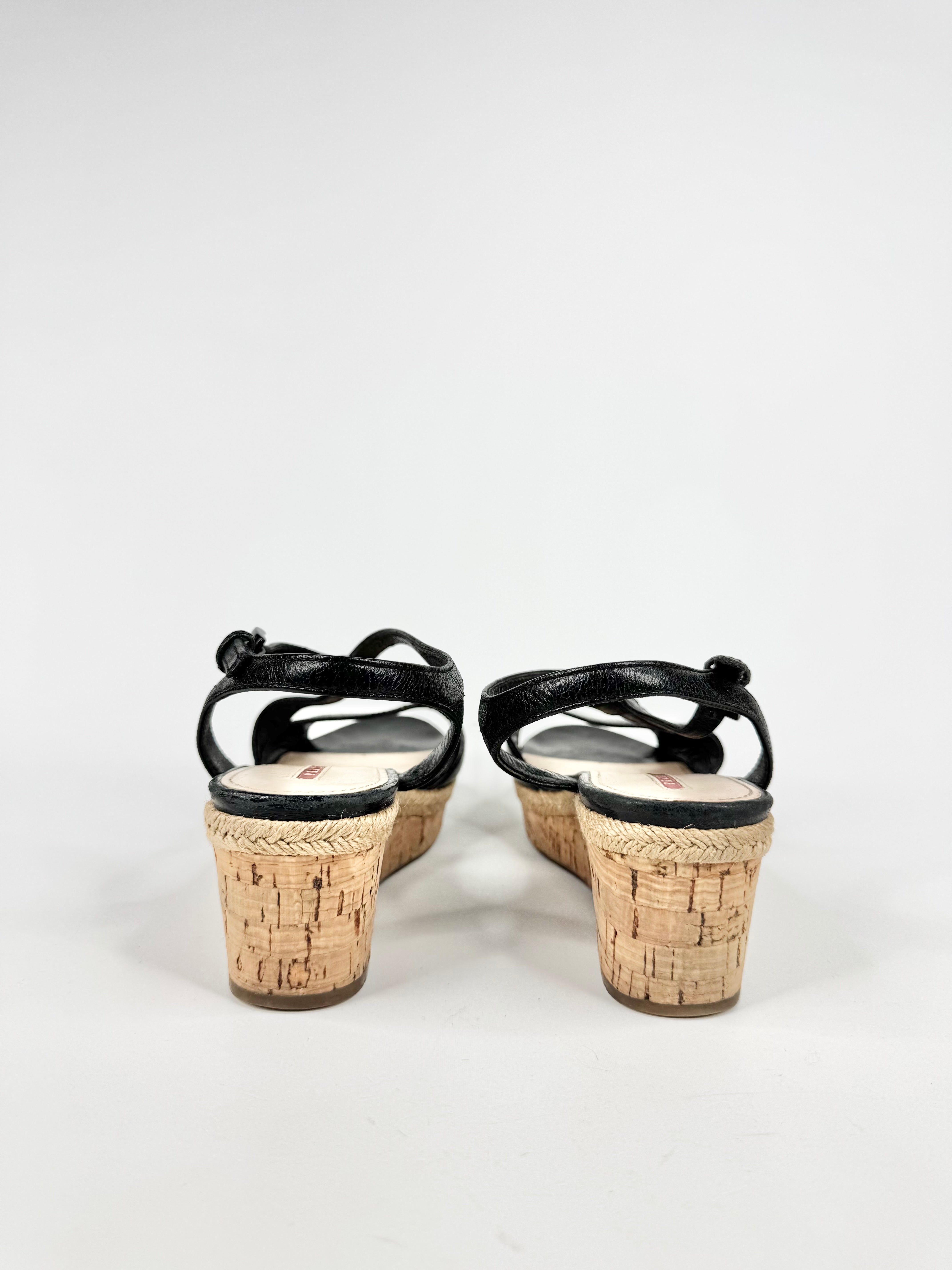 Prada Black Leather Peep Toe Cork Wedge Sandals - EU37.5