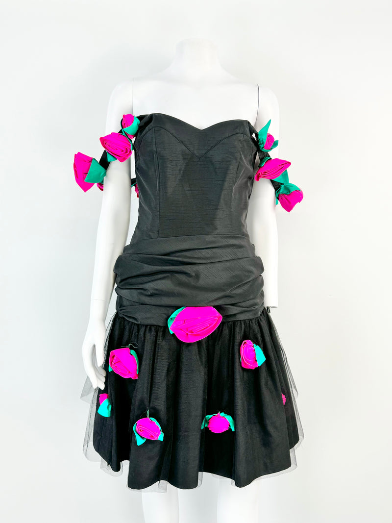 Vintage What's This Black & Bright Pink Rosette Dress - AU6