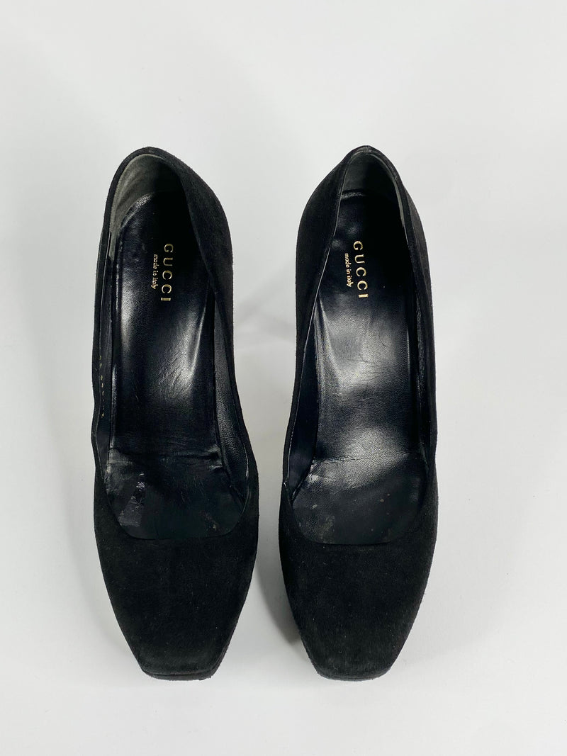 Gucci Black Suede Square Tip Pumps - EU38.5 & EU39