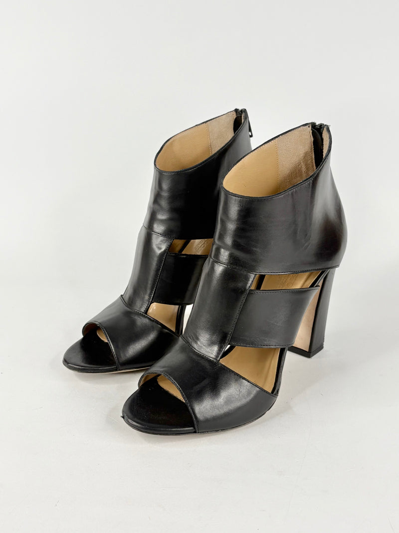 Bianca Buccheri Smooth Black Leather Open-Toe Ankle Boots - EU40
