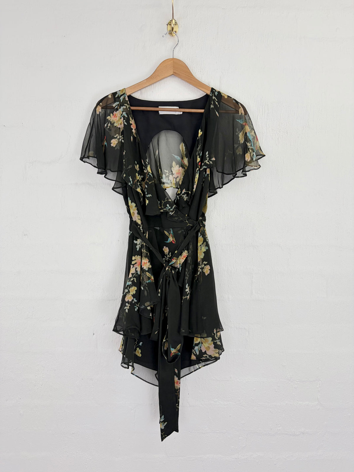 Zimmermann Black Botanical Patterned Frilled Wrap Playsuit - AU8/10