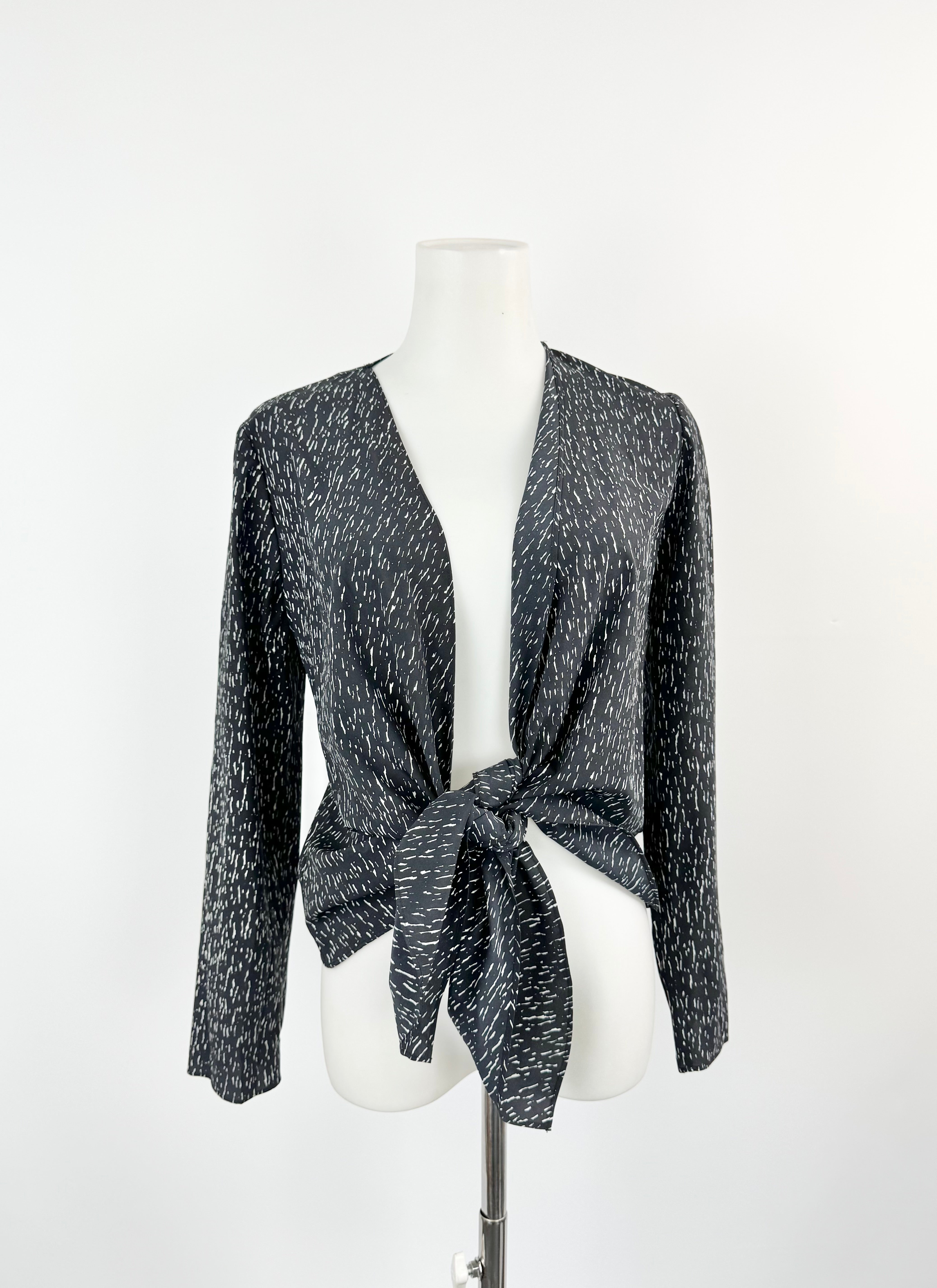 Country Road Black and Cream Printed Tie Front Long Sleeve Blouse -  AU4