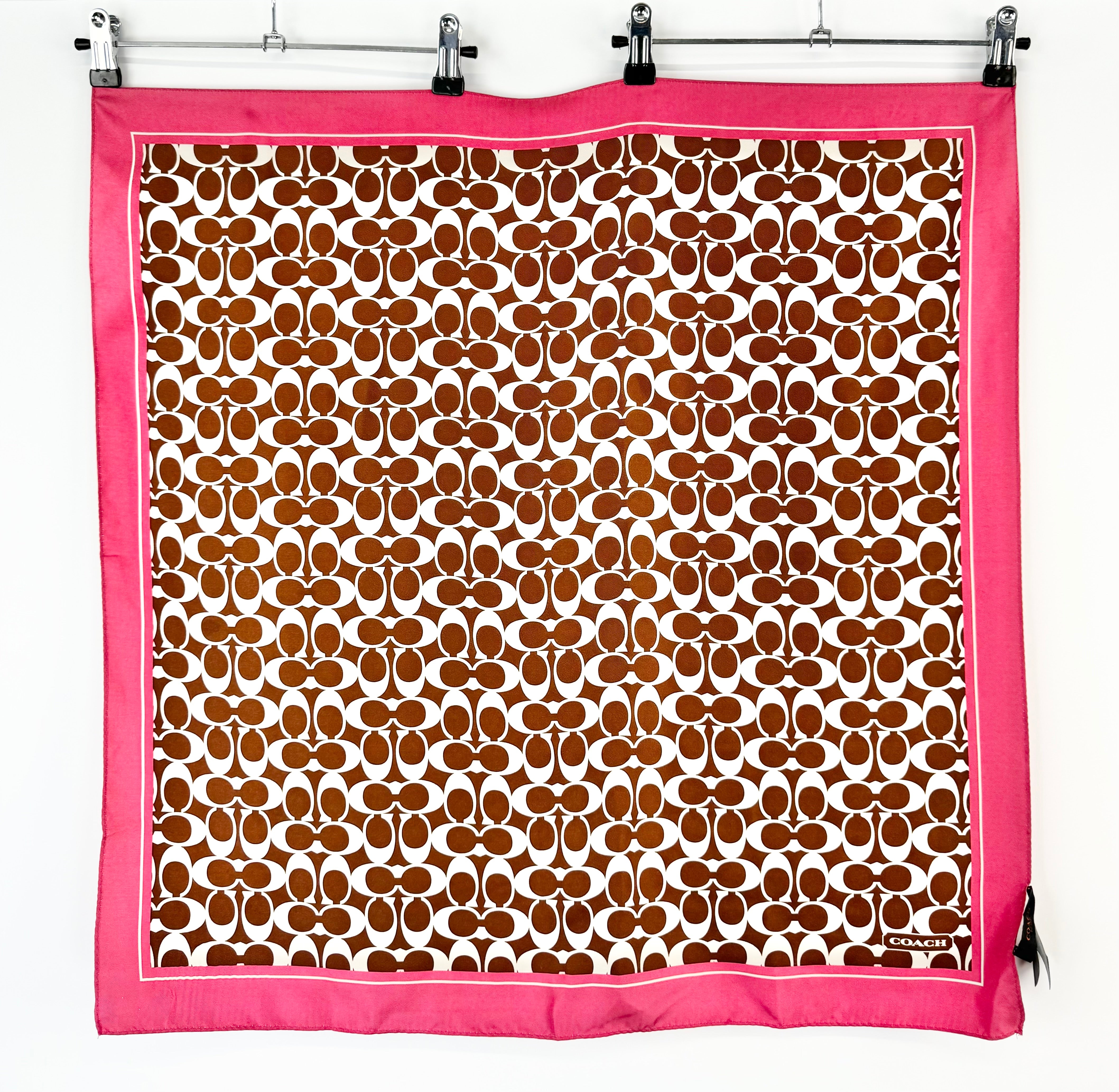 Coach Chocolate & Rose Pink Silk Logo Scarf