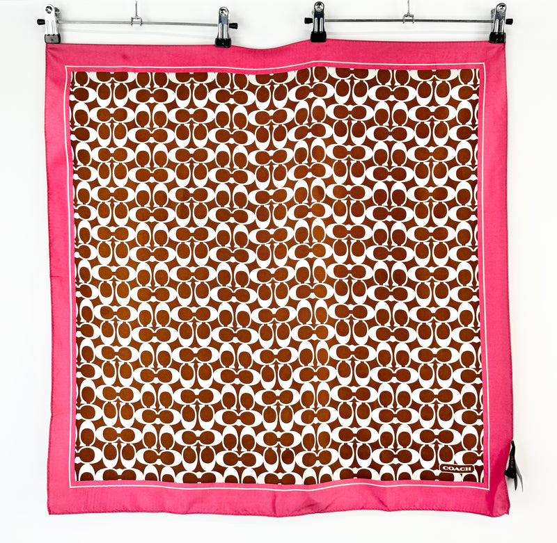 Coach Chocolate & Rose Pink Silk Logo Scarf