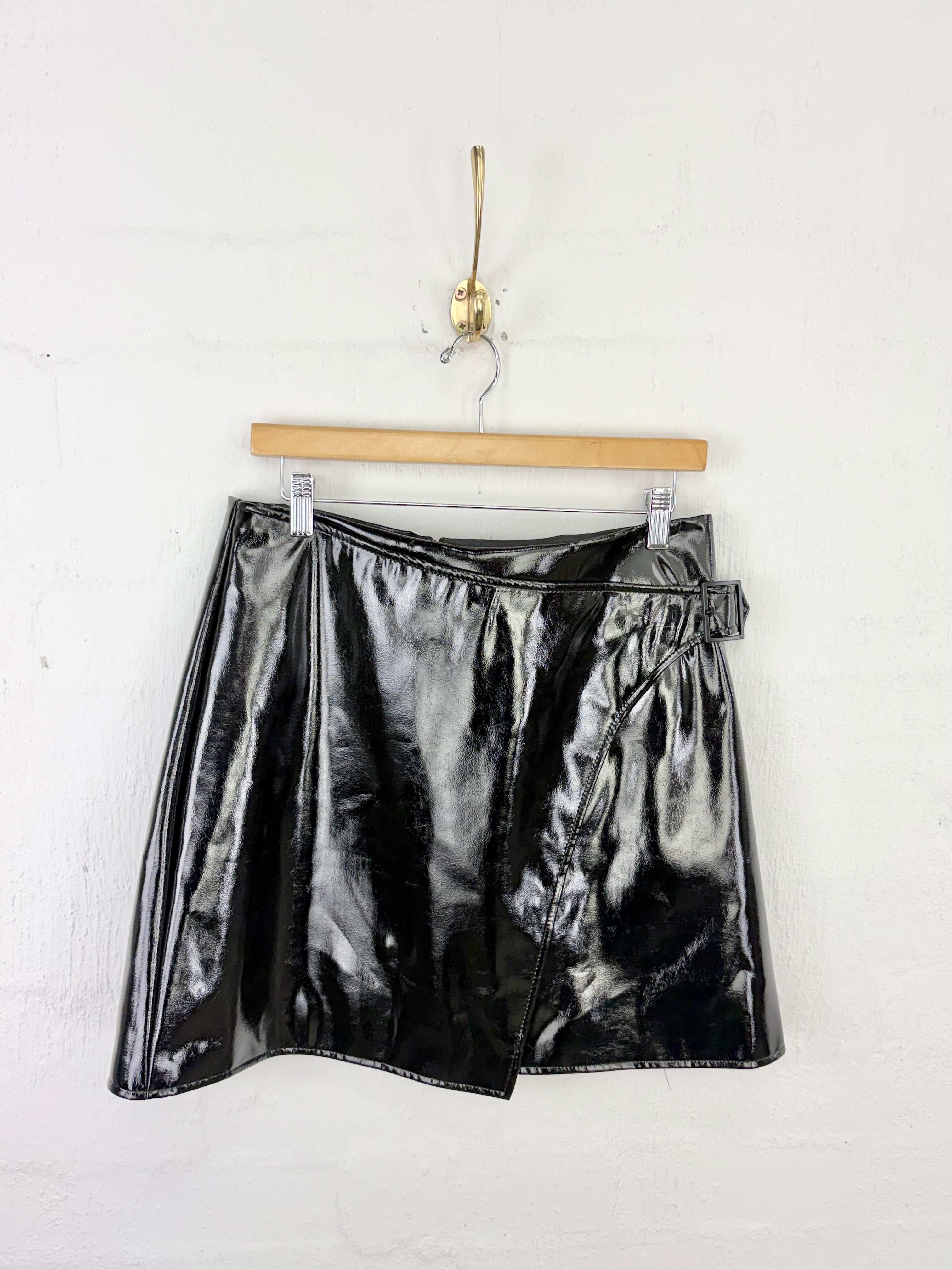 Karen Millen Black Faux Patent Leather Belted Mini Skirt - AU14