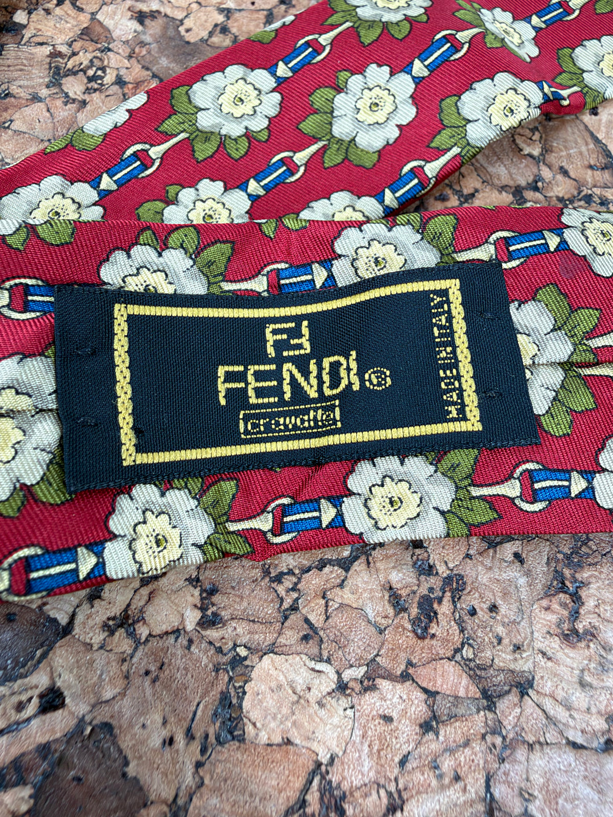 Fendi Red Silk & Cream Floral Silk Tie